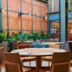 restaurante Modern Mamma Osteria, visível uma mesa com cadeiras e plantas verdes