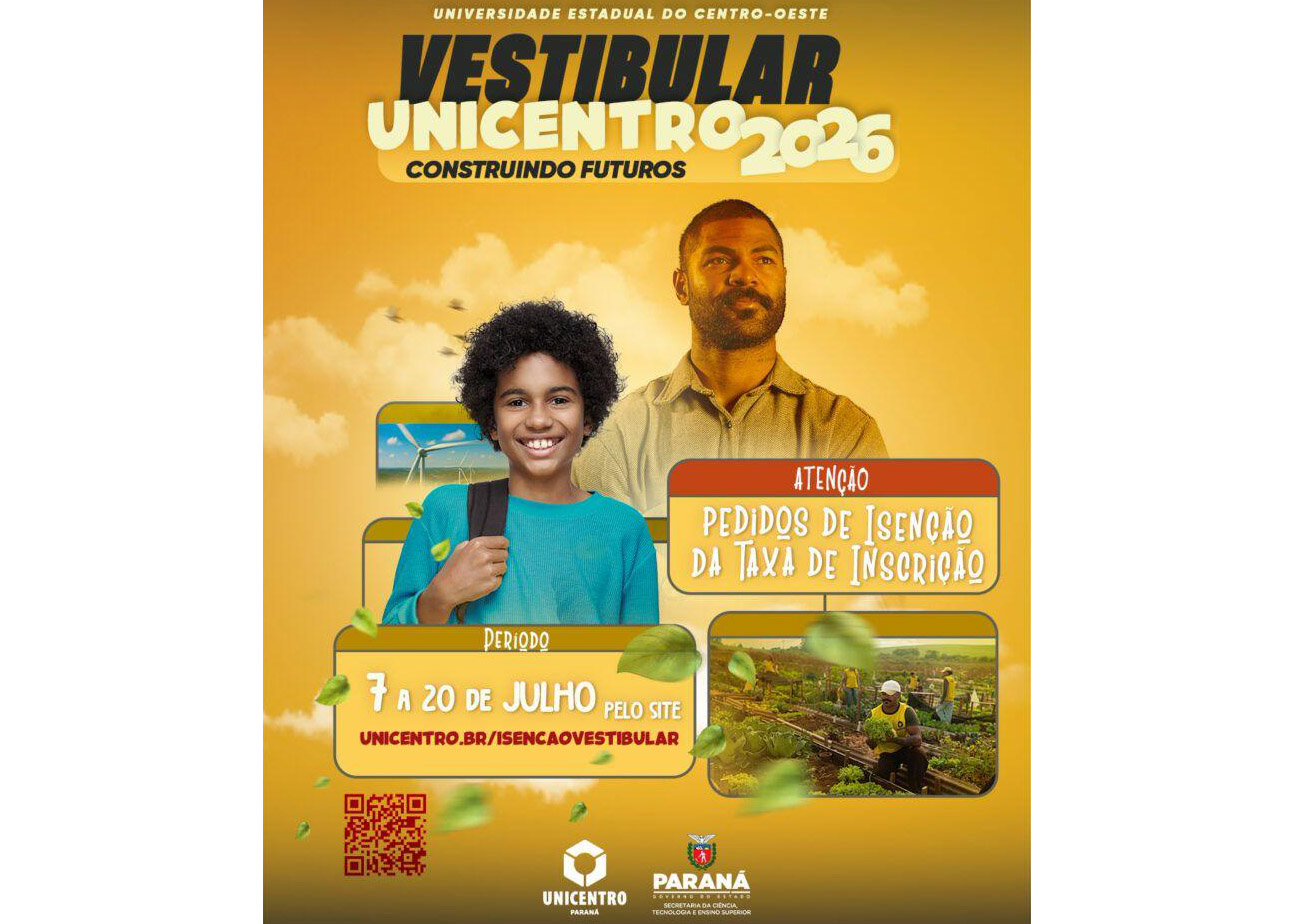 Unicentro abre inscrições para solicitação de isenção da taxa do Vestibular 2026 Crédito: Unicentro