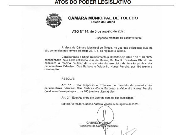 Documento emitido pelo Diário Oficial de Toledo formaliza suspensão de vereadores Créditos: Reprodução do Diário Oficial