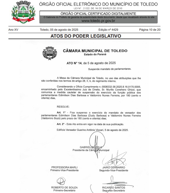 Documento emitido pelo Diário Oficial de Toledo formaliza suspensão de vereadores Créditos: Reprodução do Diário Oficial