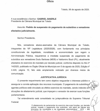 Vereadores emitem oficio e solicitam a suspensão de pagamento dos vereadores afastados