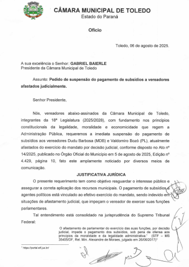 Vereadores emitem oficio e solicitam a suspensão de pagamento dos vereadores afastados